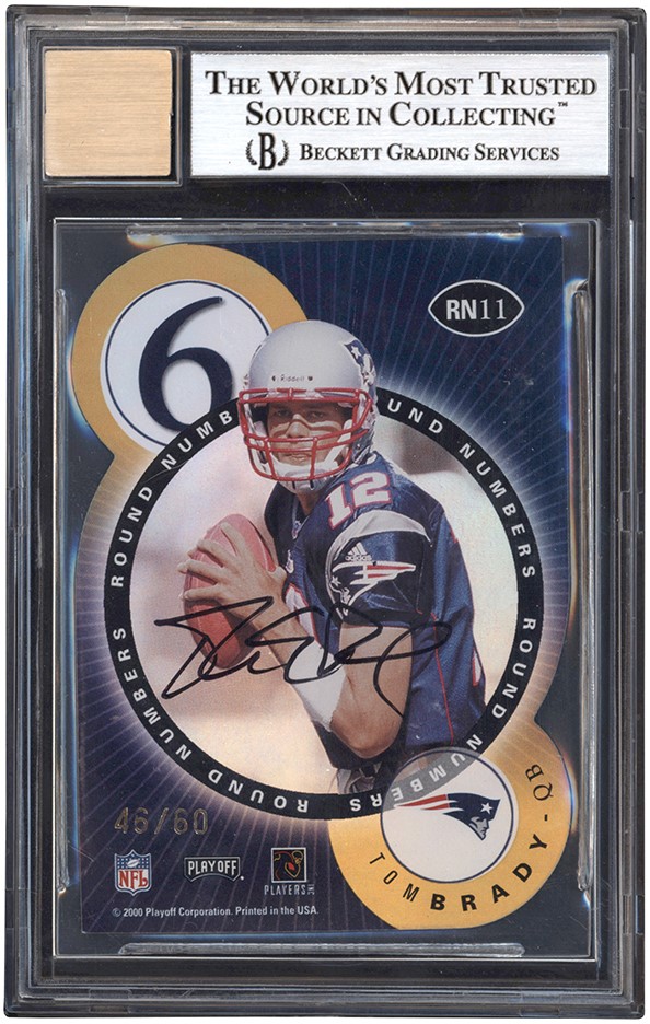 2000 Playoff Contenders Round Numbers Gold #11 Tom Brady & Marc Bulger Rookie Autograph 46/60 BGS NM-MT+ 8.5