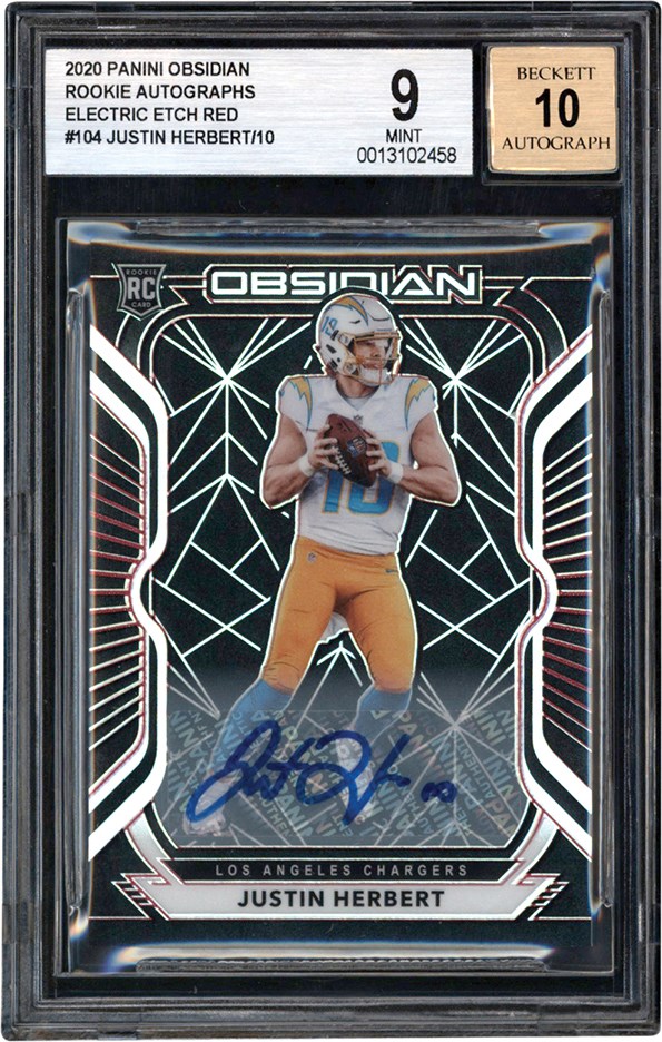 2020 Panini Obsidian Football #104 Justin Herbert Rookie Autograph Electric Etch Red 5/10 BGS MINT 9 - Auto 10
