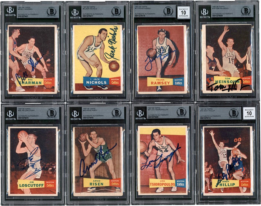 Basketball Cards - 1957-1958 Topps Basketball Boston Celtics Autographed Cards (8) w/HOF (All Beckett)