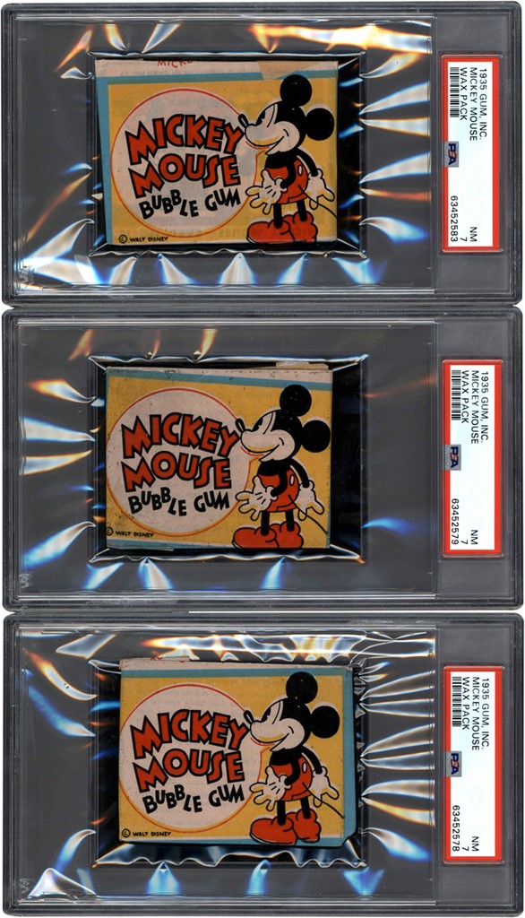 - 1935 R89 Gum Inc. Mickey Mouse Unopened Wax Pack Collection Trio All PSA NM 7