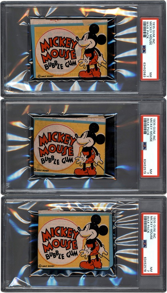 1935 R89 Gum Inc. Mickey Mouse Unopened Wax Pack Collection Trio All PSA NM 7