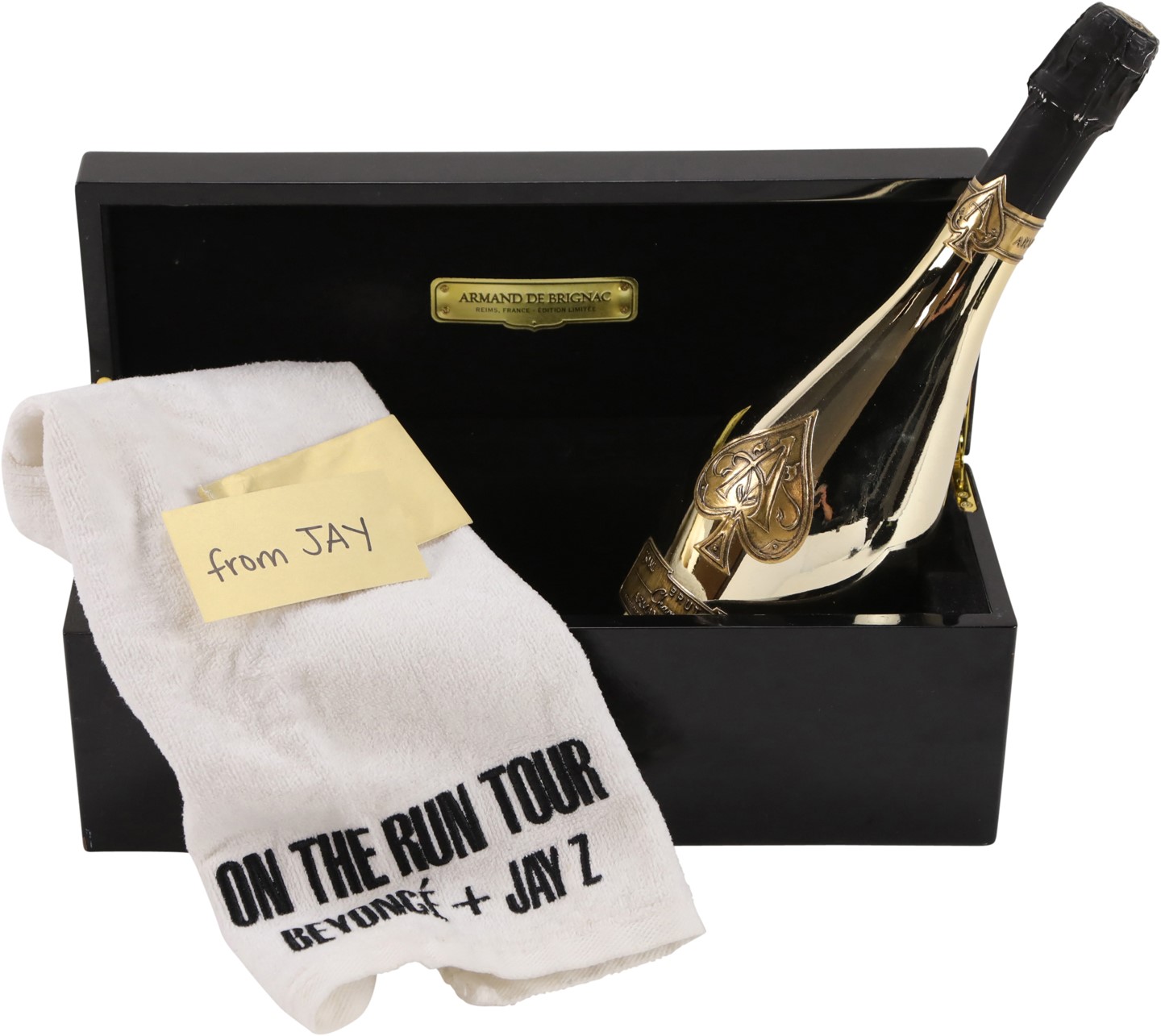 Rock And Pop Culture - Jay-Z Personally Gifted Ace of Spades Champagne Bottle w/On the Run Tour Used Towels (Jay-Z Security Guard Provenance)