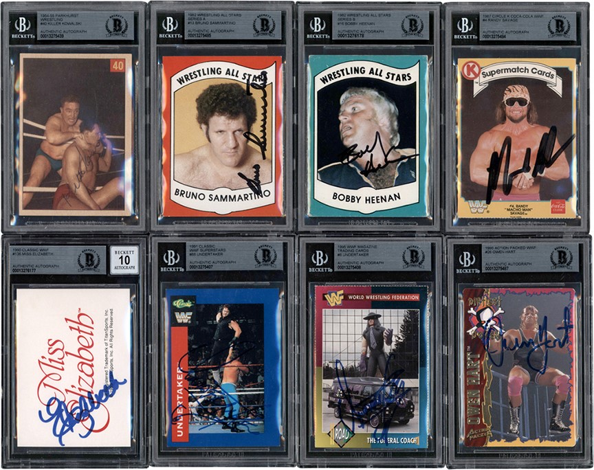 - 1954-1995 Wrestling Autographed Card Collection w/Killer Kowaski, Bobby Heenan, and Macho Man (8) (Beckett)