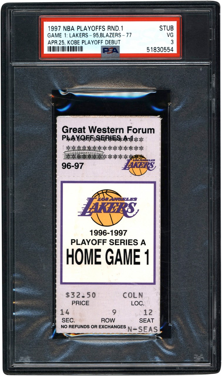 - 4/25/97 Kobe Bryant Los Angeles Lakers Playoff Debut Ticket Stub PSA VG 3 (Pop 2 - None Higher)