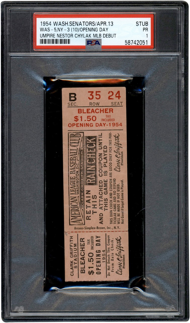 Tickets, Publications & Pins - 1954 Nestor Chylak Major League Debut Ticket Stub PSA PR 1