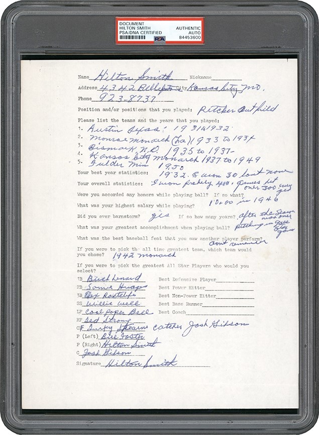 - Hilton Smith Thrice-Signed Questionnaire w/Josh Gibson Content (PSA)