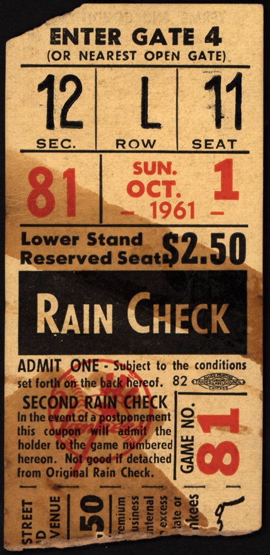 Tickets, Publications & Pins - 1961 Roger Maris Record Breaking 61st Home Run Ticket Stub