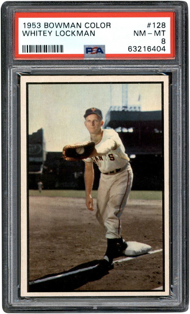 - 1953 Bowman Color Baseball #128 Whitey Lockman Card PSA 8