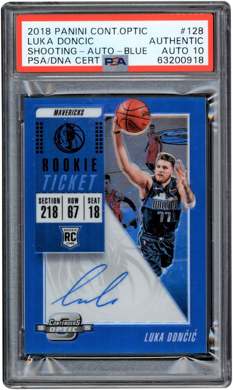 - 018 Panini Contenders Optic Basketball Shooting Blue #128 Luka Doncic Rookie Autograph Card - Jersey Number 77/99 PSA Authentic - Auto 10