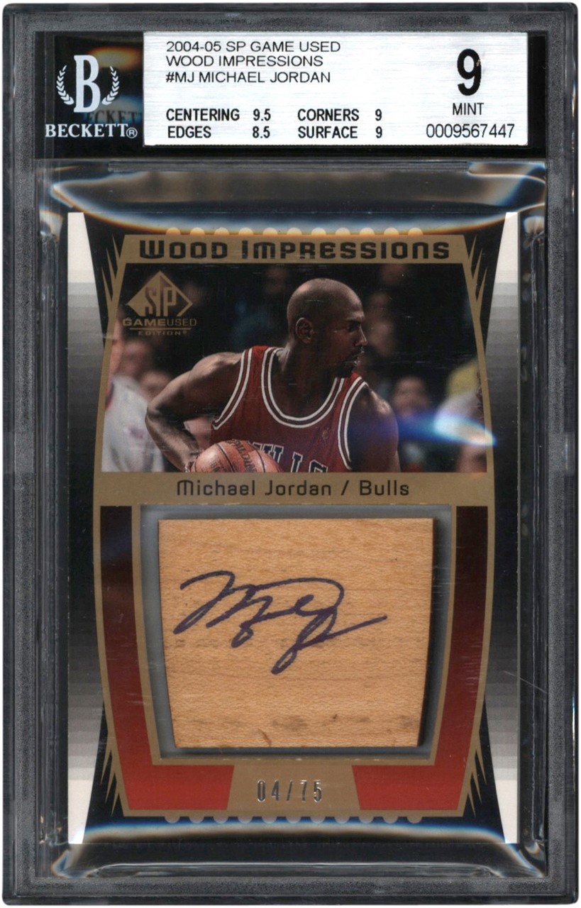 - 004-2005 SP Game Used Basketball Wood Impressions #MJ Michael Jordan Game Used Floor Autograph 04/75 BGS MINT 9 - Auto 10