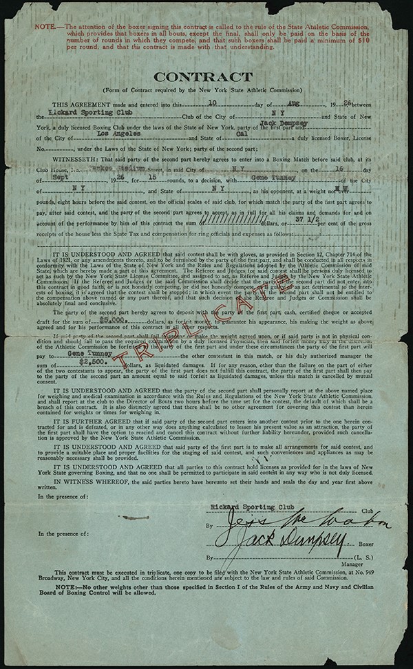 Muhammad Ali & Boxing - 1926 Jack Dempsey & Jess McMahon Signed Contract for the First Dempsey/Tunney Heavyweight Title Bout  (JSA)