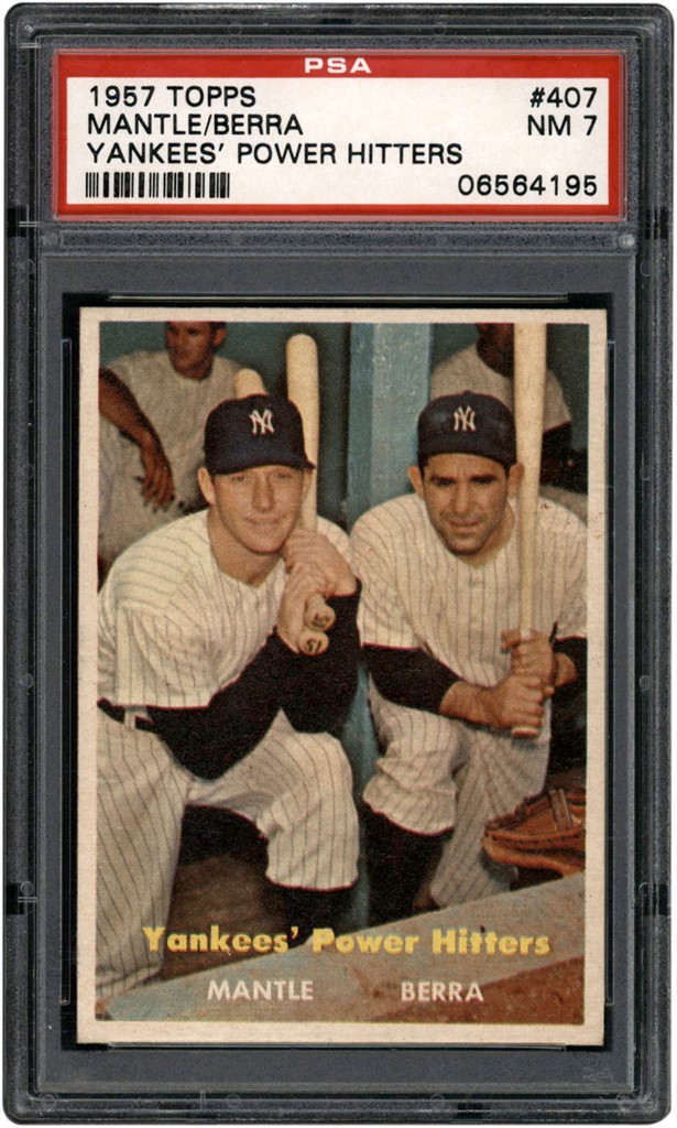 - 1957 Topps Baseball #407 Mantle & Berra Yankees Power Hitters Card PSA NM 7