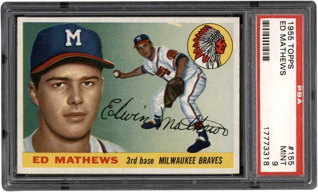 - 1955 Topps Baseball #155 Eddie Mathews Card PSA MINT 9 (Highest Graded)