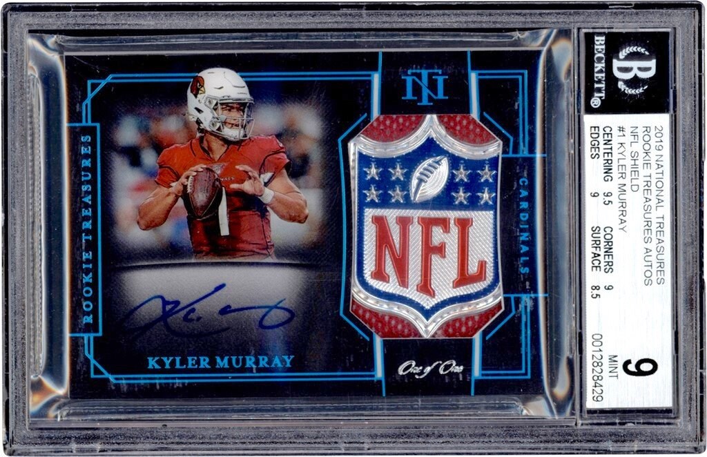 19 National Treasures Rookie Treasures NFL Shield #1 Kyler Murray "1/1" RPA NFL Shield Patch Autograph BGS MINT 9 - Auto 10