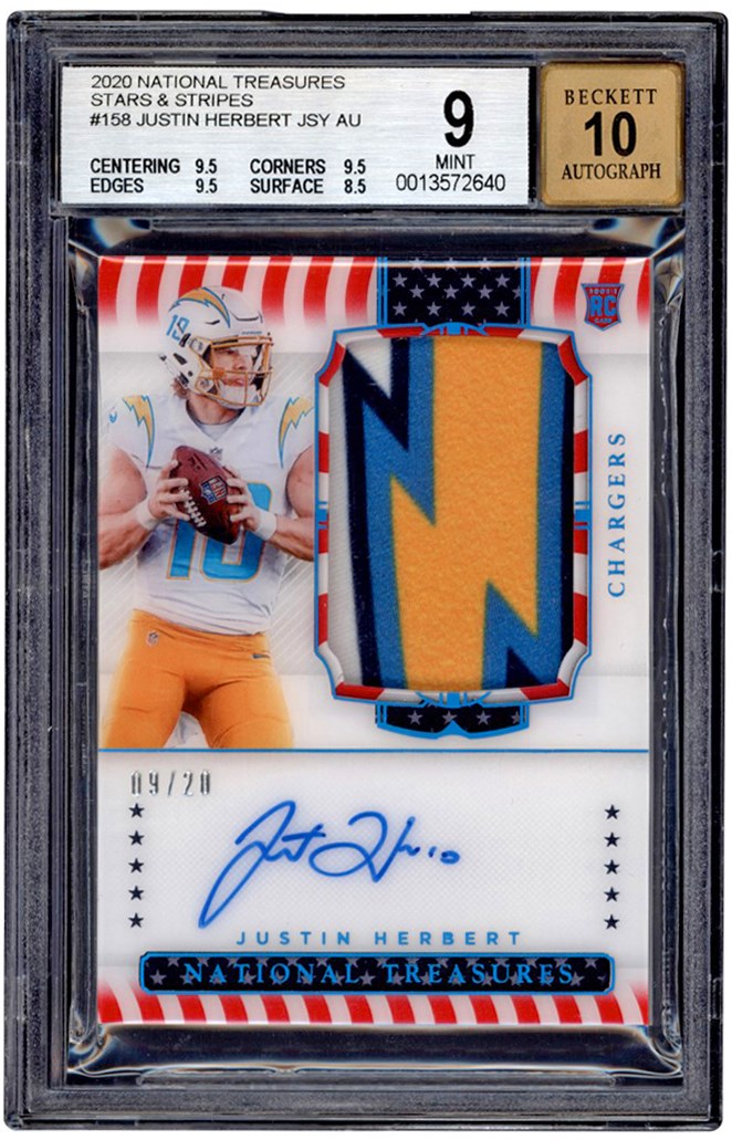 - 20 National Treasures Stars & Stripes #158 Justin Herbert RPA Rookie Patch Autograph 09/20 BGS MINT 9 - Auto 10