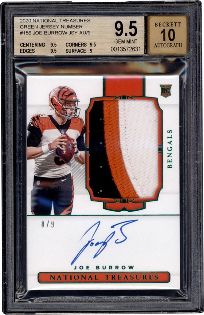 Modern Sports Cards - 020 National Treasures Green Jersey Number #156 Joe Burrow RPA Rookie Patch Autograph 8/9 BGS GEM MINT 9.5 - Auto 10 (Pop 1 of 1 Highest Graded)
