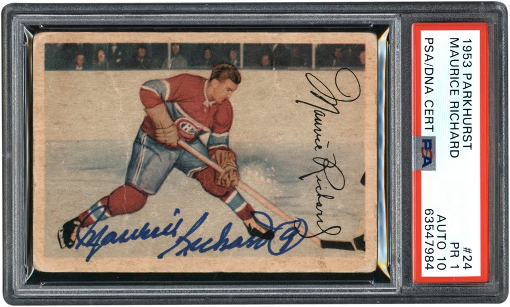 Hockey Cards - 1953-54 Parkhurst #24 Maurice Richard Signed Card PSA PR 1 - Auto 10 (Pop 1 of 1 - Highest Graded)