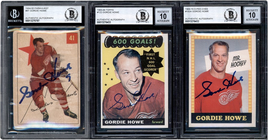 Hockey Cards - 1954-1969 Topps, Parkhurst, & OPC Gordie Howe Signed Hockey Card Trio (Beckett Authentic)