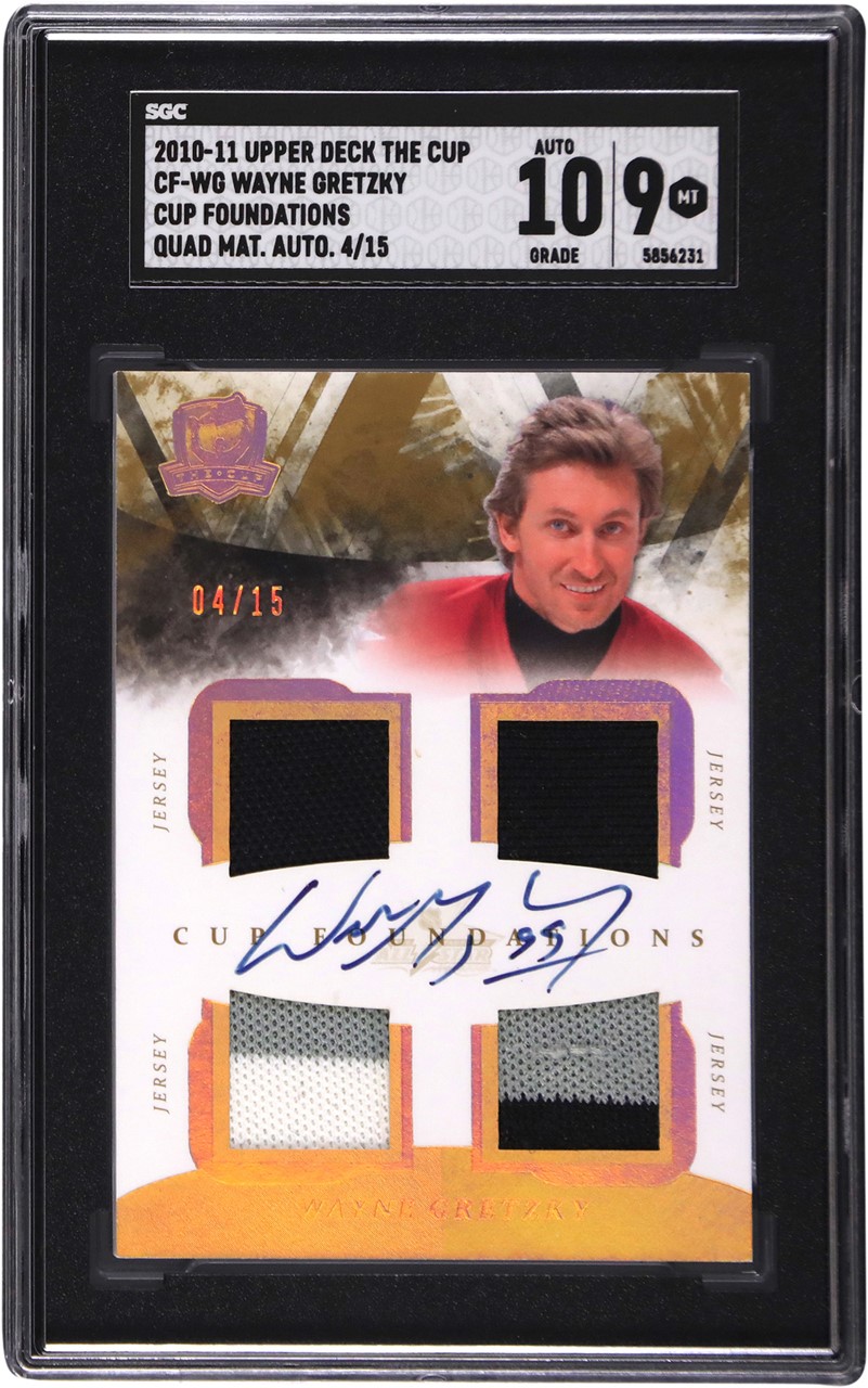 - 2010-11 The Cup Hockey Foundations #CF-WG Wayne Gretzky Game Used Patch Autograph 04/15 SGC MINT 9 Auto 10
