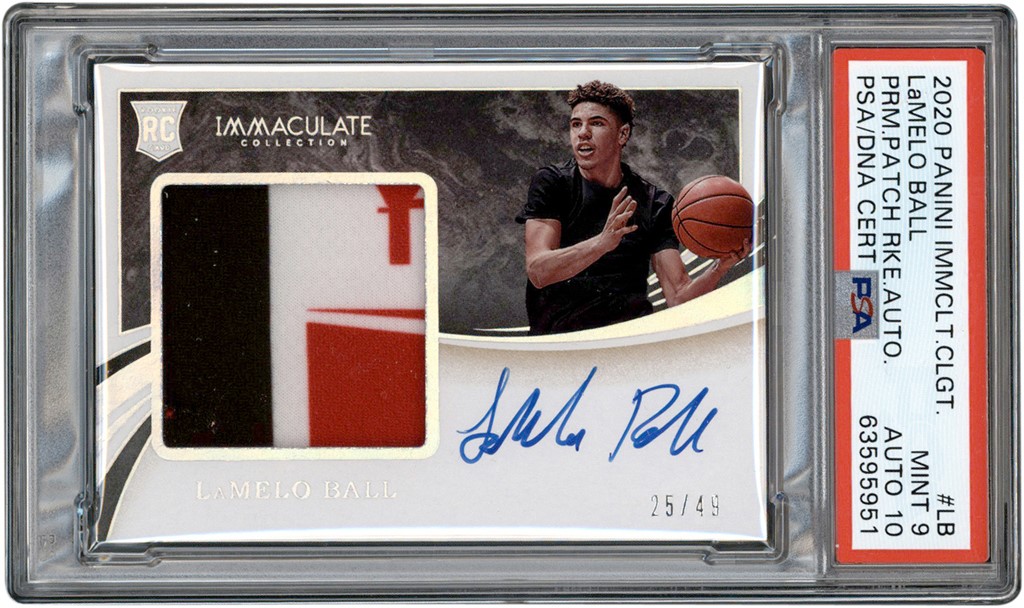 - 020 Panini Immaculate Collection Prime Patch Rookie Auto #LB LaMelo Ball RPA 25/49 MINT 9 - Auto 10 (Pop 1 of 1 - Highest Graded)