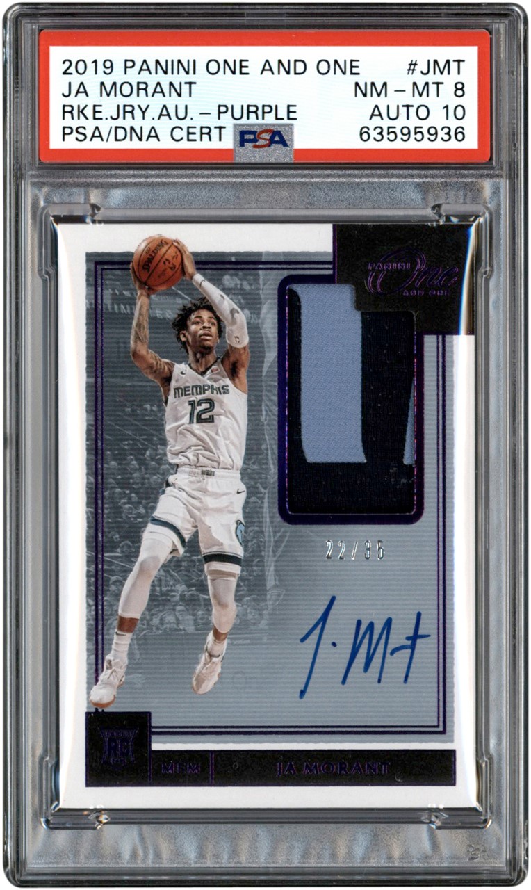 019 Panini One and One Rookie Jersey Auto Purple #JMT Ja Morant RPA Rookie Patch Autograph 22/35 PSA NM-MT 8 - Auto 10 (Pop 1 - One Higher)