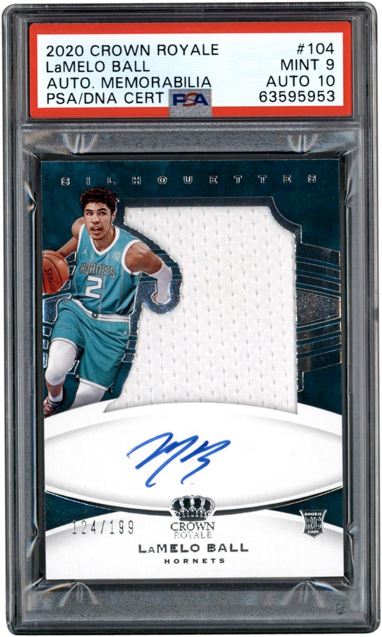 Modern Sports Cards - 020 Crown Royale Silhouettes #104 LaMelo Ball Rookie Autograph Jersey 124/199 PSA MINT 9 - Auto 10 (Pop 3 Highest Graded)