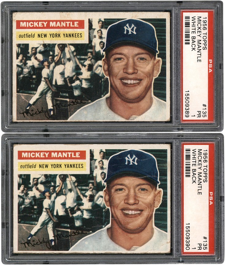 - Pair of 1956 Topps Baseball #135 Mickey Mantle Cards PSA PR 1