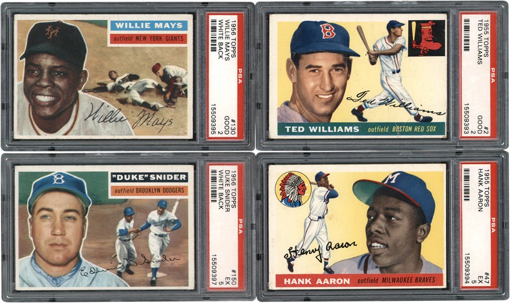 - 1955 & 1956 Topps Aaron, Williams, Mays, & Snider PSA Graded Collection (4)