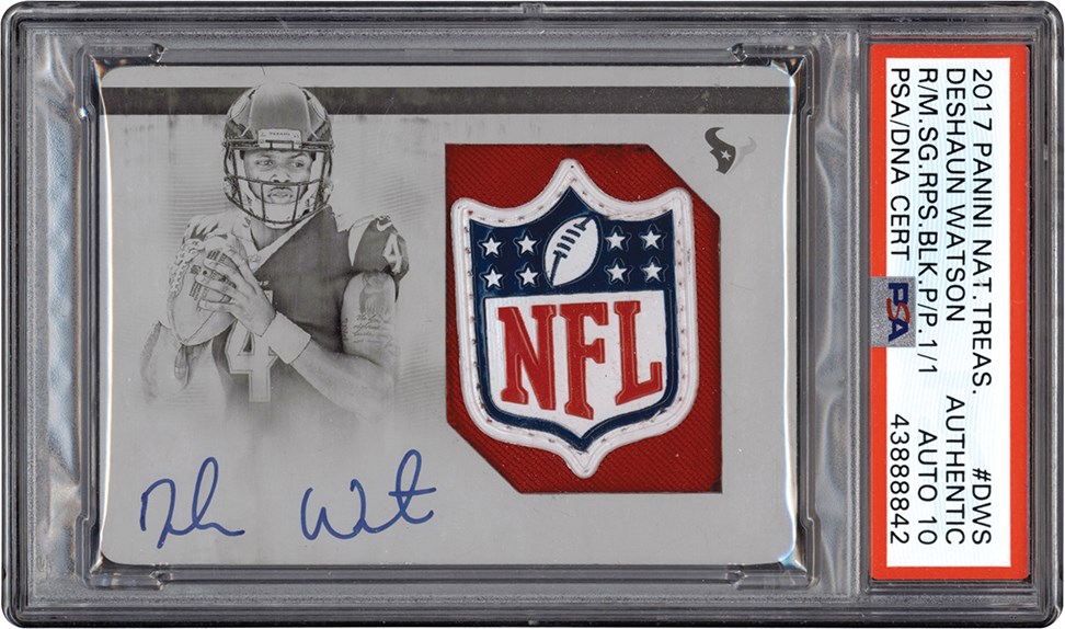 - 017 Panini National Treasures Rookie Material Signatures #DWS Deshaun Watson "1/1" NFL Logo Shield Patch Autograph PSA Auth - Auto 10