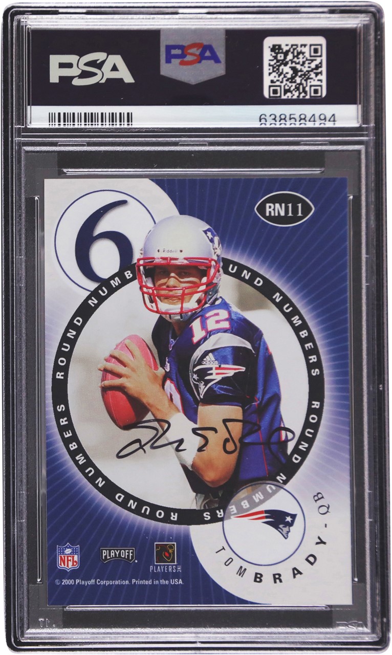 000 Playoff Contenders Round Numbers #11 Tom Brady & Marc Bulger Rookie Autograph PSA NM-MT 8