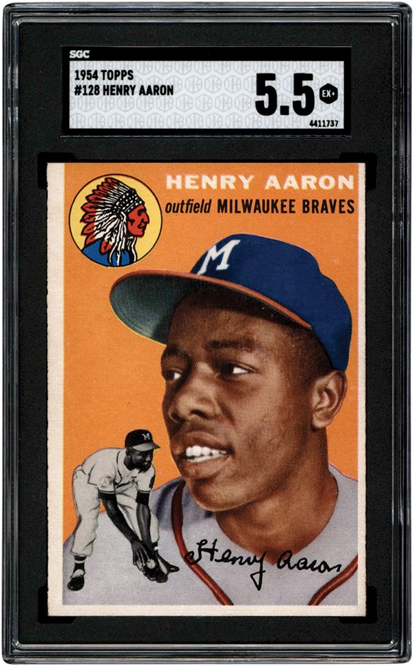 - 1954 Topps Baseball #128 Hank Aaron Rookie Card SGC EX+ 5.5