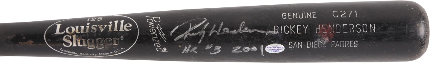 - 5/16/01 Rickey Henderson Game Used Signed "HR #3 2001" Bat (PSA)