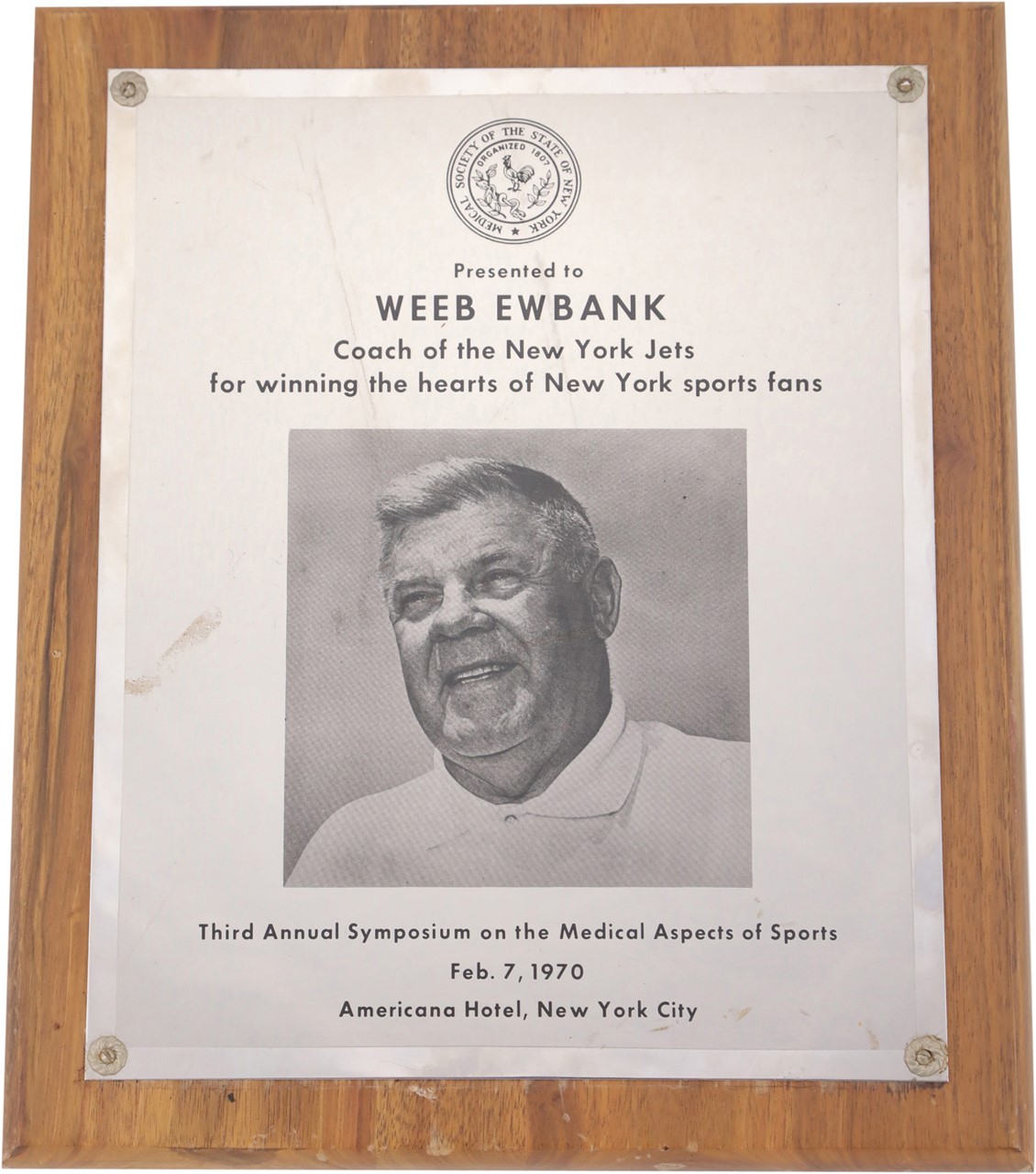 - 1970 Medical Society of NY Coach of the Year Presented to Weeb Ewbank
