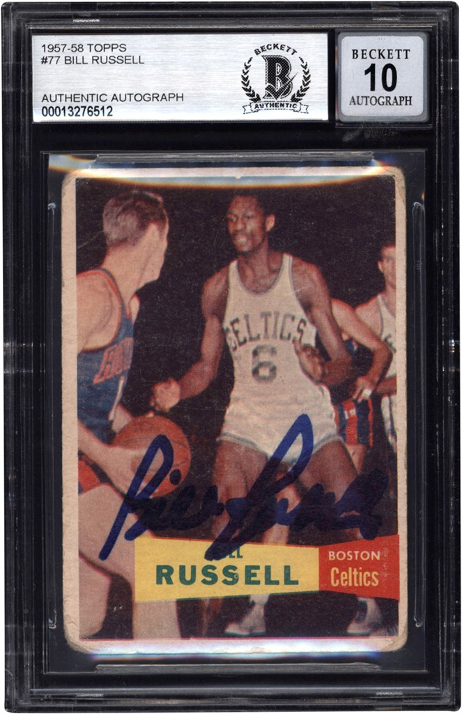 Basketball Cards - 1957-58 Topps Basketball #77 Bill Russell Signed Rookie Card BGS GEM MINT 10 Auto