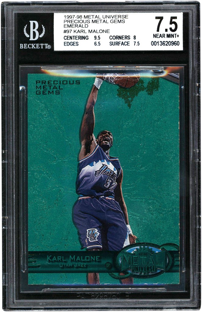 - 997-98 Metal Universe Precious Metal Gems Emerald #97 Karl Malone 001/100 - The First Card in the Print Run BGS NM+ 7.5