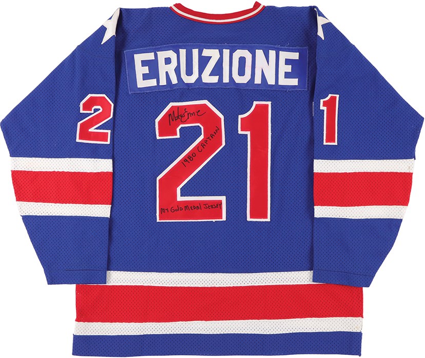Lelands.com Auctions - The Countdown Continues to The MINT25 Auction! #13  1980 Mike Eruzione Team USA Hockey Gold Medal Winning Game Worn Jersey ( Eruzione Letter) - 20% Ownership Being Sold The MINT25
