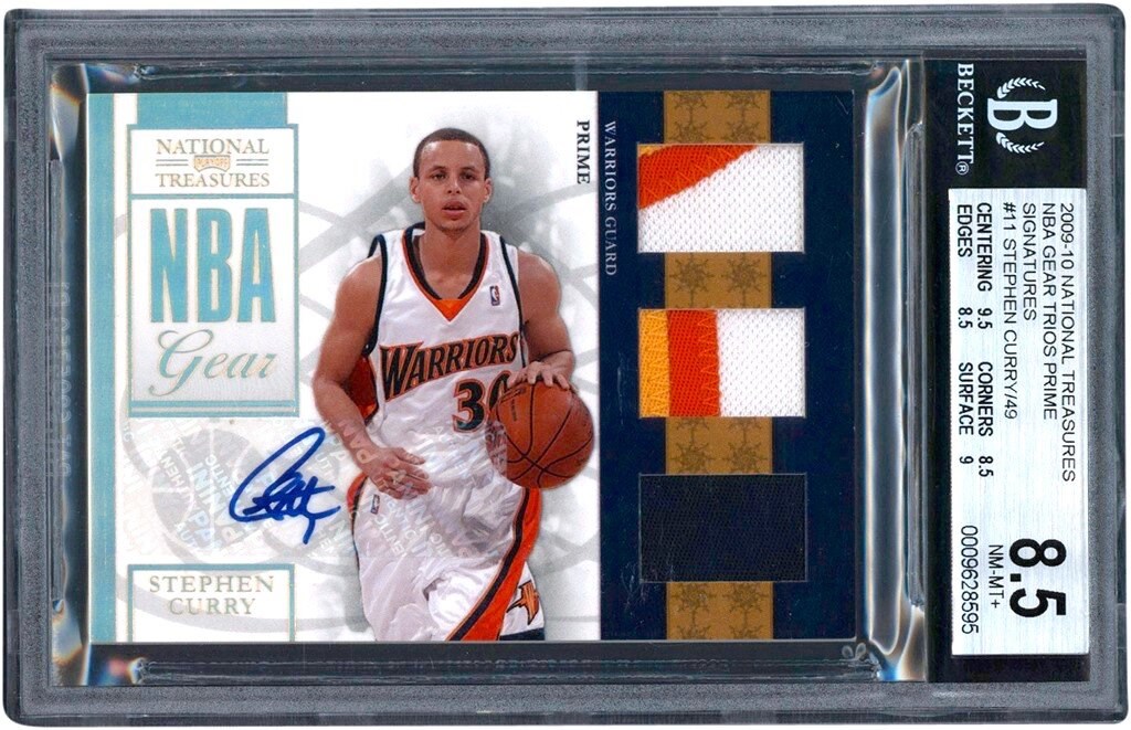 - 2009-10 National Treasures NBA Gear Trios Prime Signatures #11 Stephen Curry RPA Rookie Patch Autograph 09/49 BGS NM-MT+ 8.5 - Auto 10