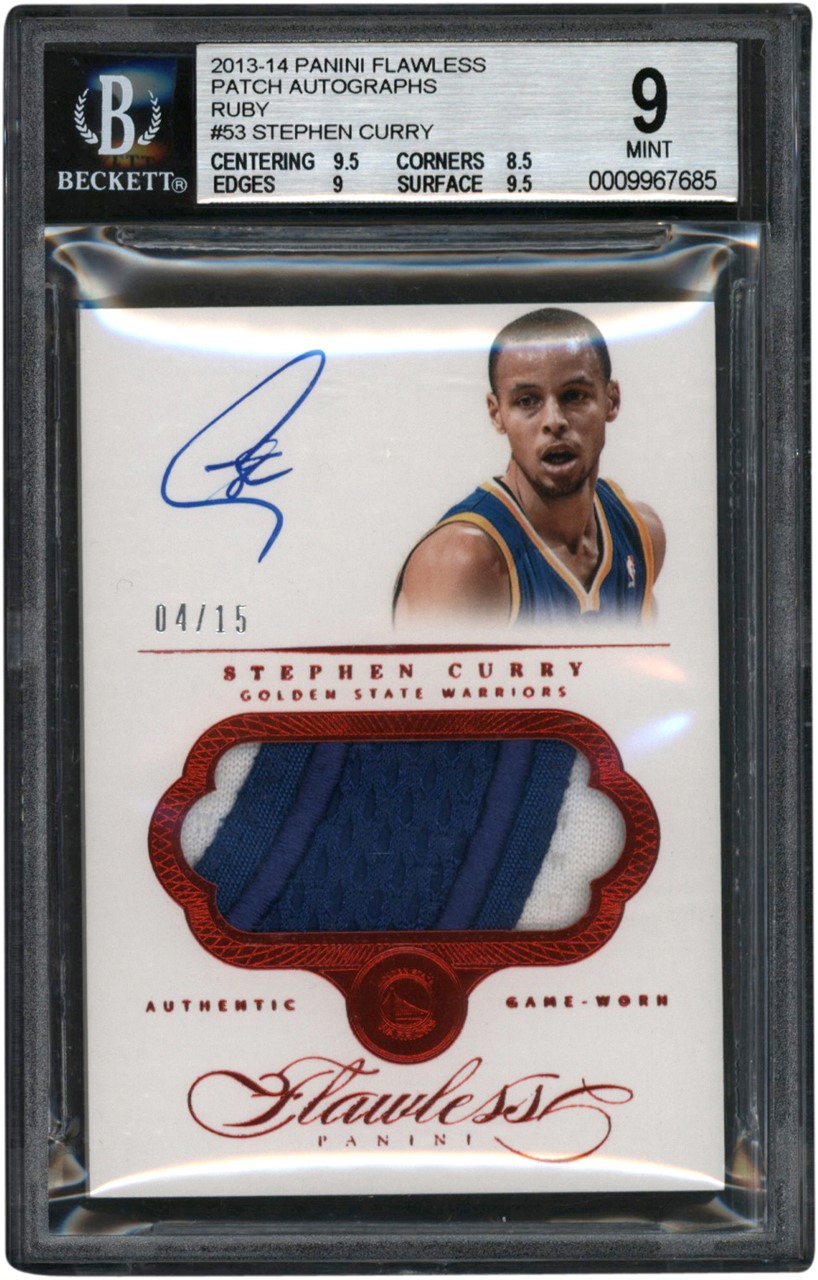 2013-14 Panini Flawless Patch Autographs Ruby #53 Stephen Curry 04/15 BGS MINT 9 - Auto 9