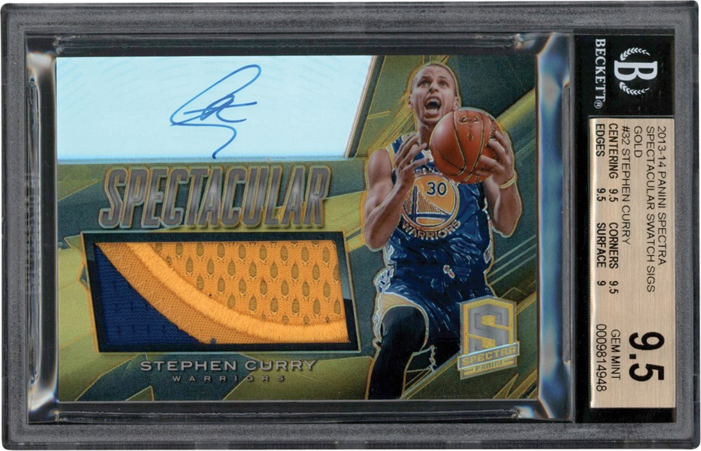 - 2013-14 Panini Spectra Spectacular Swatch Sigs Gold #32 Stephen Curry Autograph Game Used Patch 04/10 BGS GEM MINT 9.5 - Auto 10