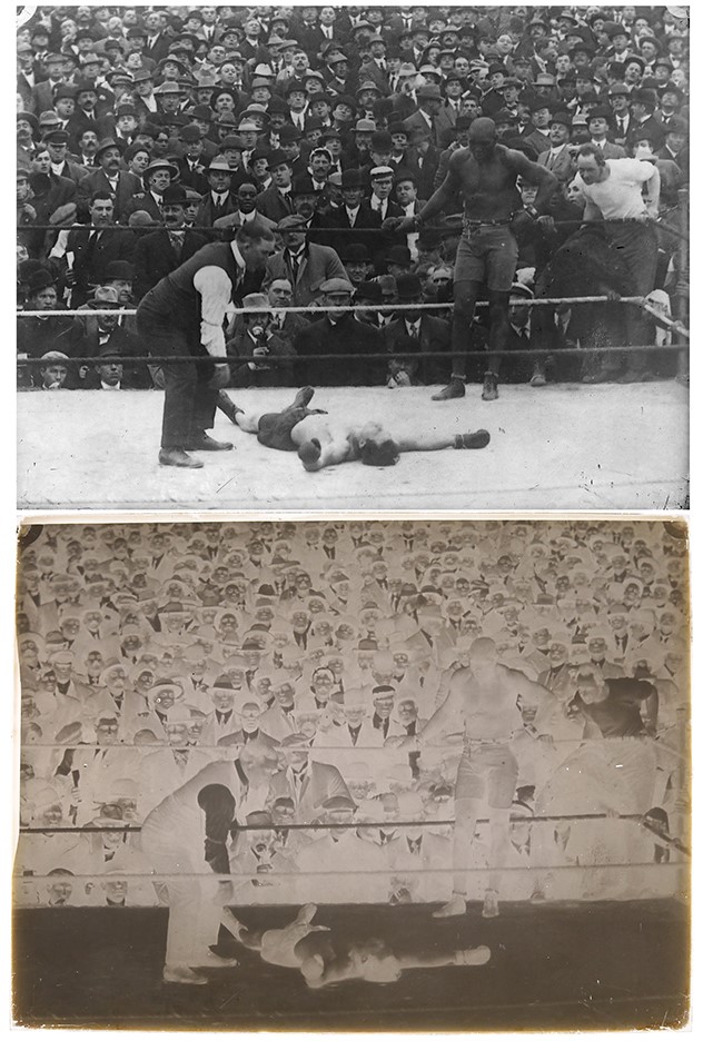 - 1909 Jack Johnson Knocks Out Stanley Ketchel Original Glass Plate Negative