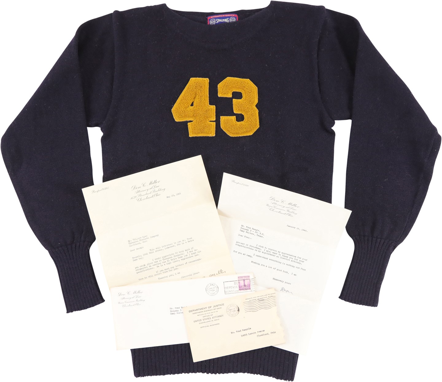 - 1939 Notre Dame Fighting Irish Letterman Sweater and Two Don Miller Signed Letters (PSA)
