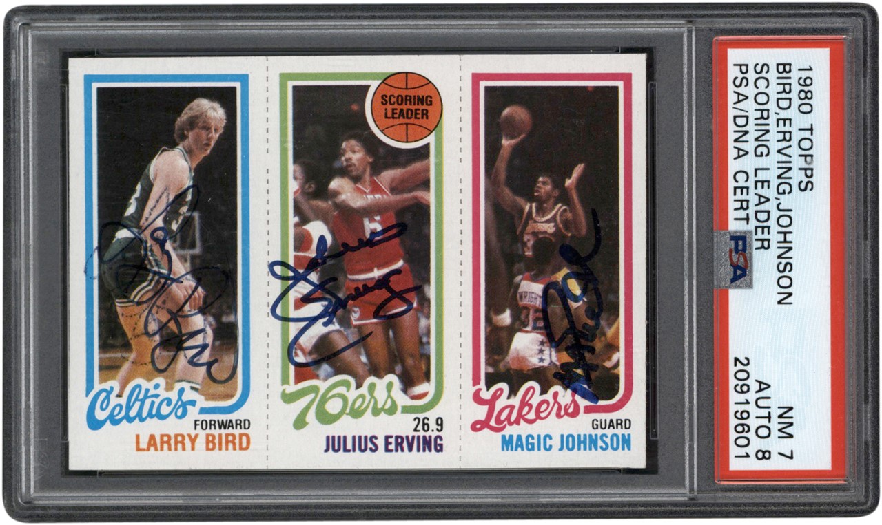 Basketball Cards - 1980 Topps Larry Bird, Magic Johnson, & Julius Erving Signed Rookie PSA NM 7 - Auto 8