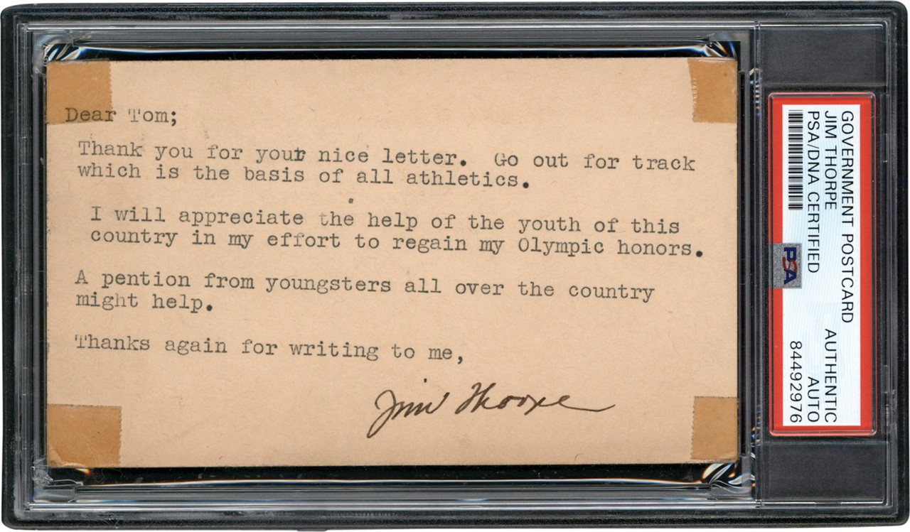 - Jim Thorpe Signed Note w/"Olympic Honors" Content (PSA)