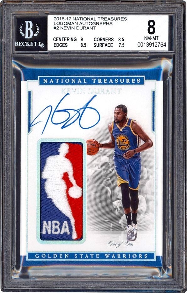 016-17 National Treasures Logoman Autographs #2 Kevin Durant "1/1" NBA Logoman Game Used Patch Autograph BGS NM-MT 8 - Auto 10