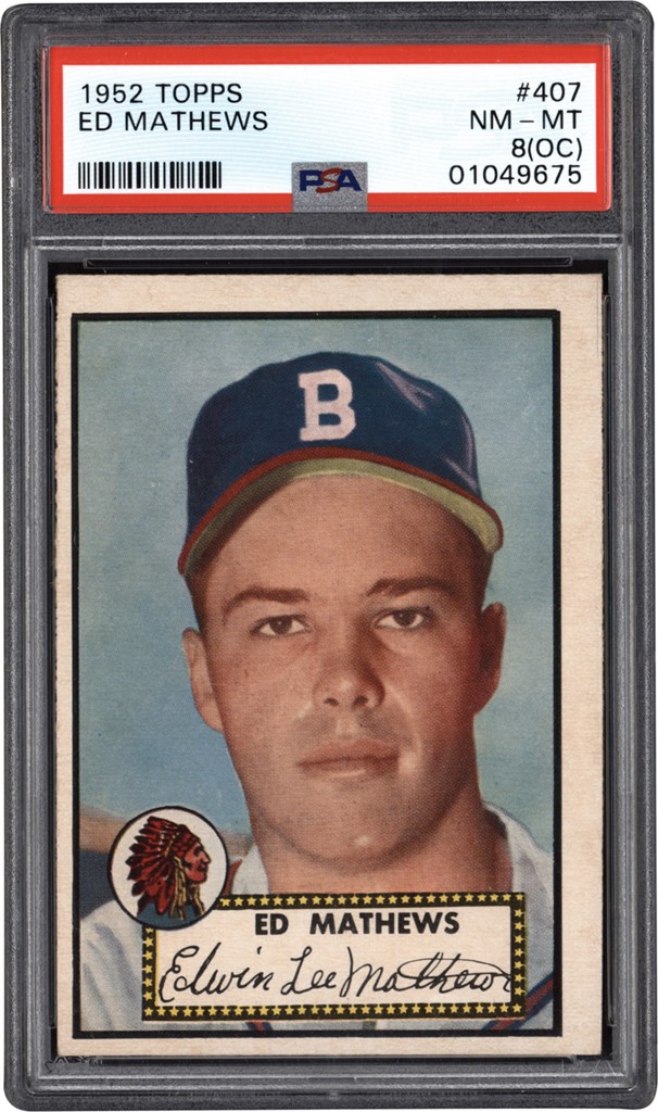 - 1952 Topps Baseball #407 Eddie Mathews Rookie Card PSA NM-MT 8 (OC)