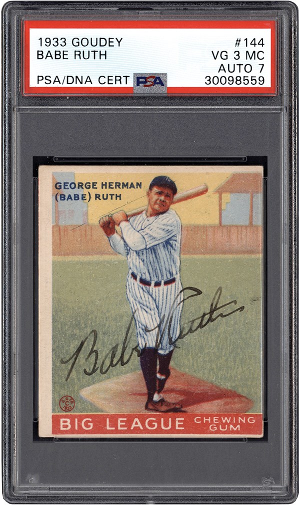 - 33 Goudey Baseball #144 Babe Ruth Signed Card PSA VG 3 (MC) - Auto 7