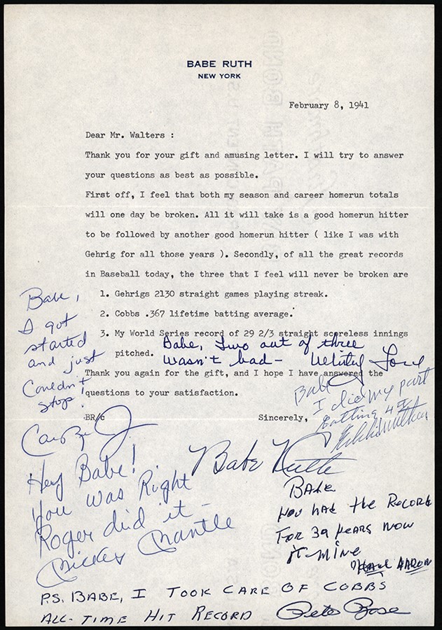 - Remarkable 1941 Babe Ruth Letter with Signed Commentary by Mantle, Aaron, Rose, Ripken, Mathews, and Ford (PSA)