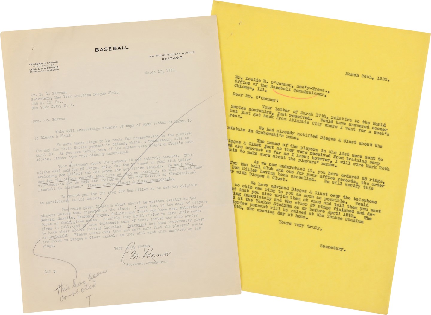 - New York Yankees/Commissioner's Office Correspondence Archive Regarding 1927 World Series Rings