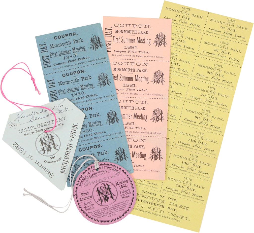Original Monmouth Park Admission Badges for 1881 &1882 Signed by Famous Owner/Breeder, Official, and Track Owner David D. Withers Plus Admission Tickets (27)