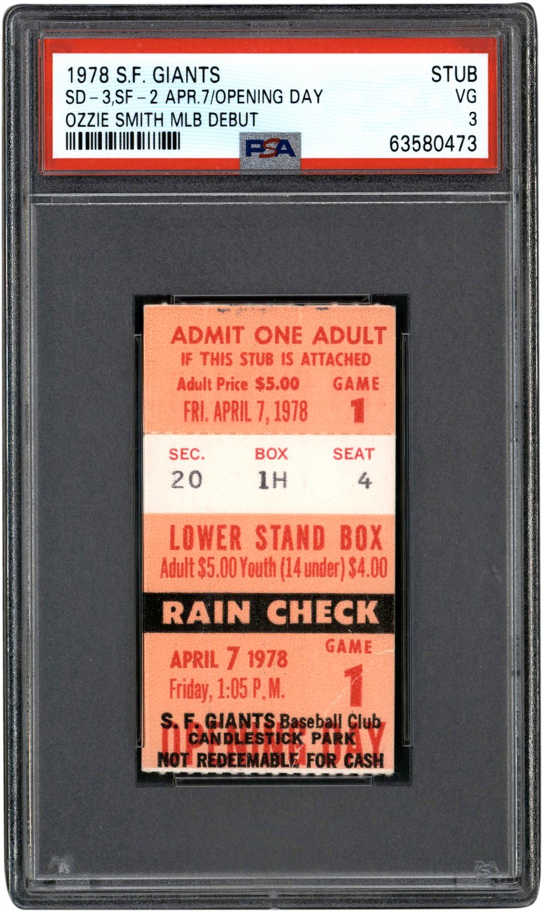 Tickets, Publications & Pins - 1978 Ozzie Smith Major League Debut Ticket Stub PSA VG 3 (Pop 2 - None Higher)